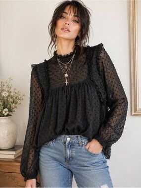 ZARA Romantic Gothic Swiss Dot Sheer Ruffle Blouse Top Black